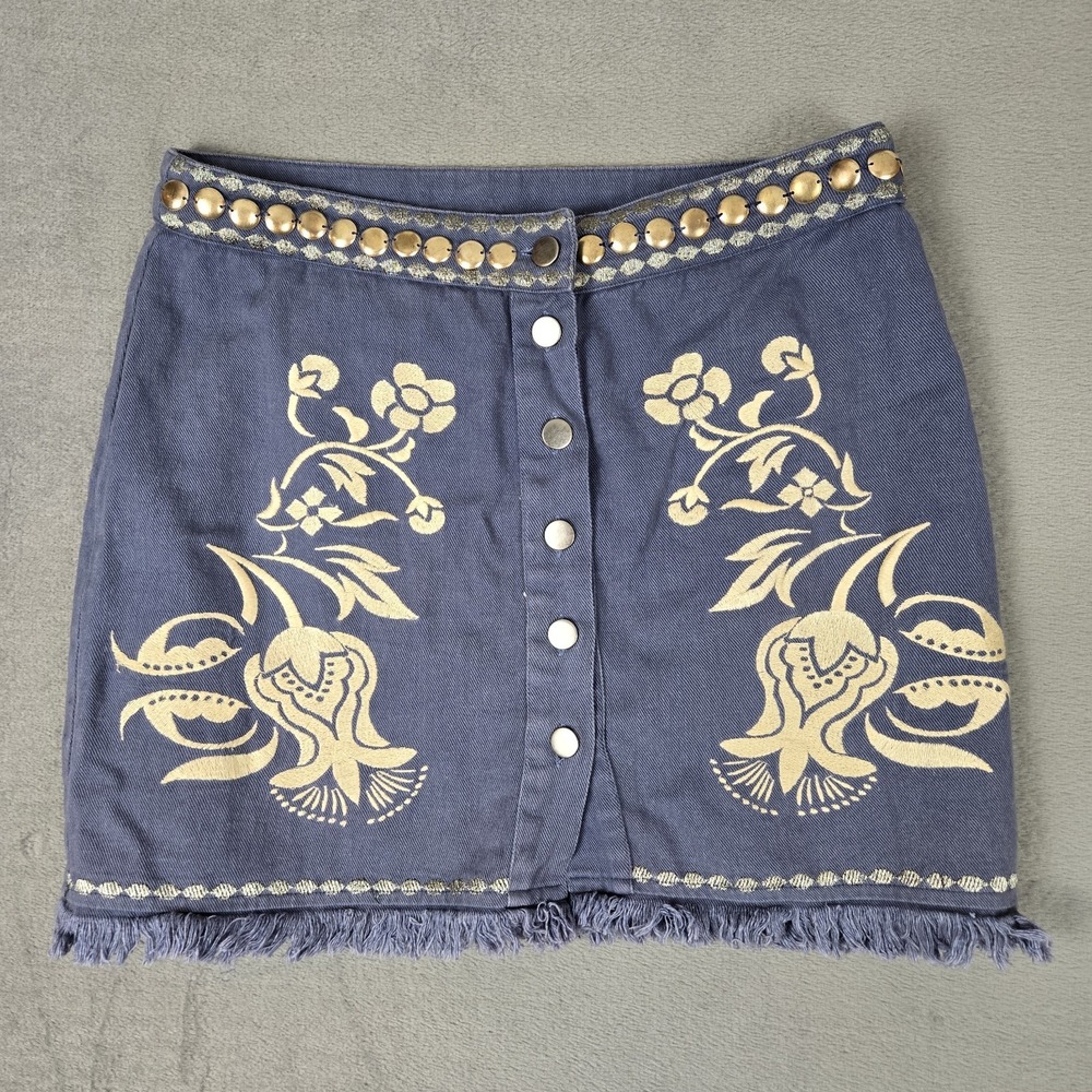 Z&L Skirt Womens‎ Medium Denim Mini Blue Embroidered Floral Boho Cotton